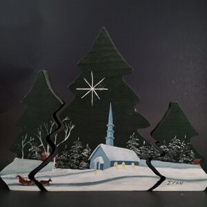 Vintage 3 Piece Wooden Christmas Trees and a Winter theme Stand